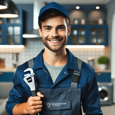 Le Plombier Descrech Fabbio souriant en uniforme, tenant une clé à molette dans une cuisine moderne et bien éclairée.