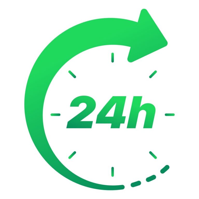 Un logo vert représentant une horloge stylisée avec une flèche circulaire et un texte '24h', symbolisant une disponibilité ou un service offert 24 heures sur 24.